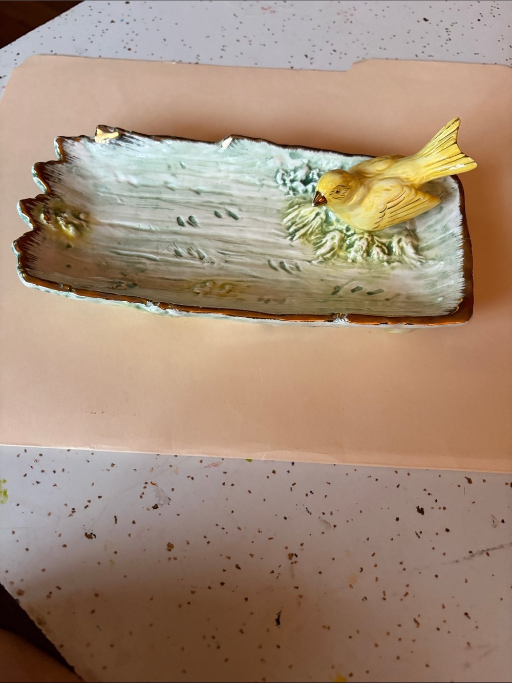 Vintage Yellow Ceramic Bird Trinket Dish - Pets Fish Category